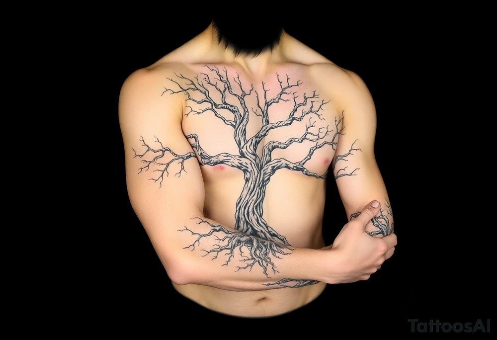 Whole Arm sleeve, tree with limbs wrapping around, negative space tattoo idea