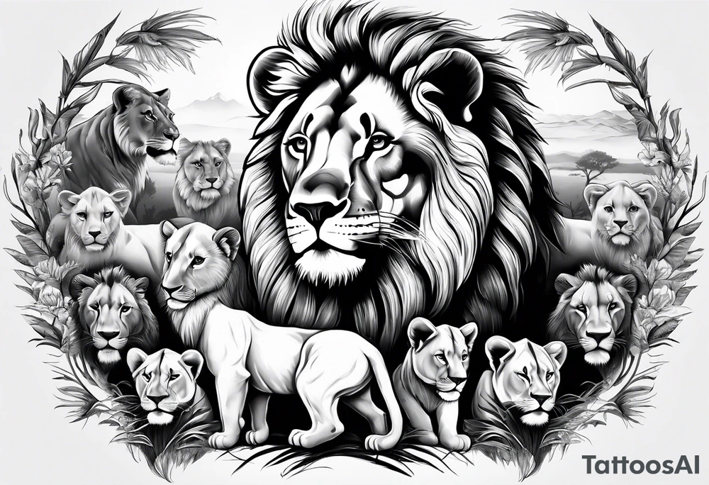 Full sleeve tattoo depicting a large lion protecting his lioness and 6 lion cubs. Background should depict a safari scene tattoo idea