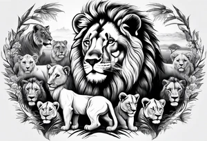 Full sleeve tattoo depicting a large lion protecting his lioness and 6 lion cubs. Background should depict a safari scene tattoo idea