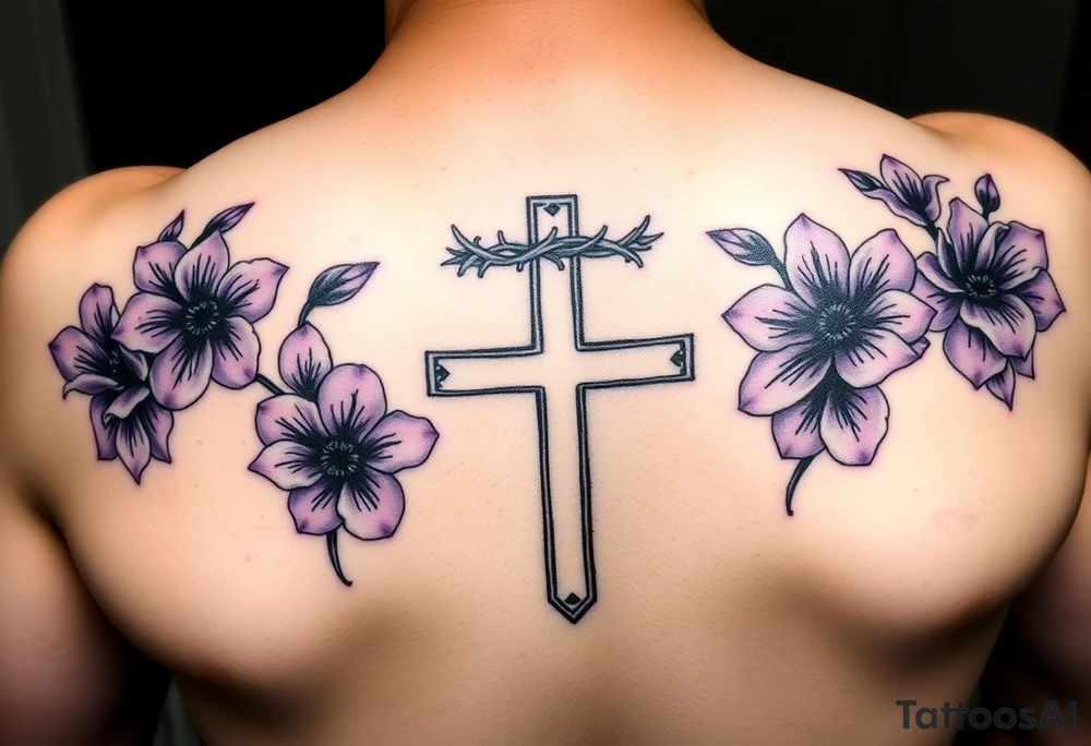 Purple flowers, cross with crown of thorns in tattoo idea