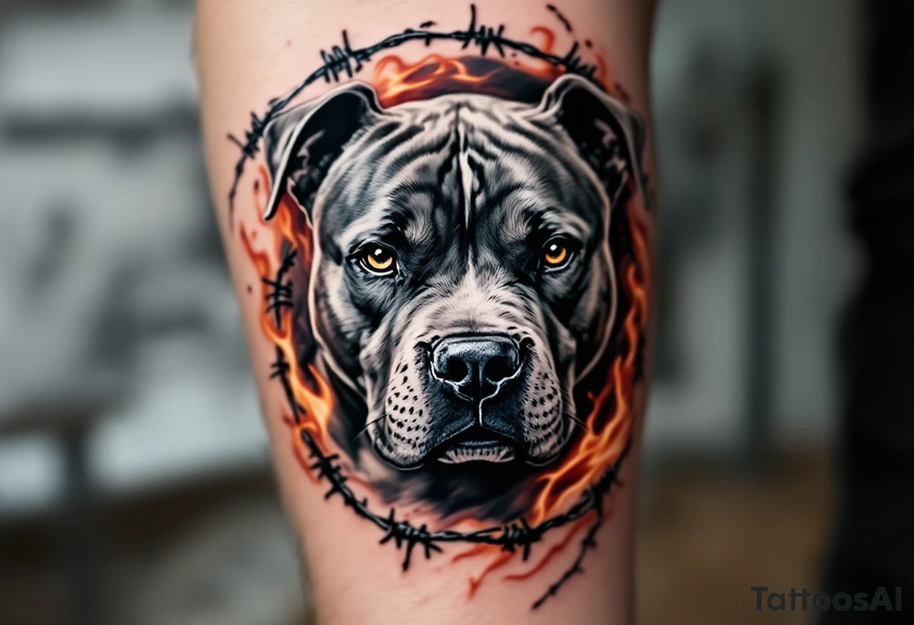 Pitbull surrounded by barbed wire and flames, fierce expression, black and gray fur, with realistic metallic barbed wire and red-orange flames swirling around. tattoo idea