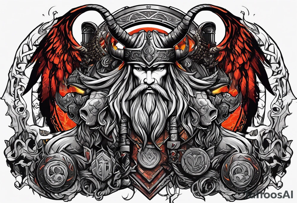 Angelic cyberpunk viking, casting demons back to hell with mythical aries ram familiar tattoo idea