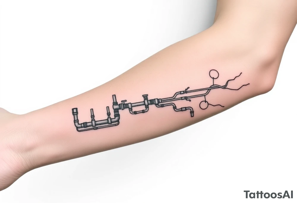 long System of pipes that transitions and transforms into veins of forearm tattoo idea