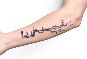 long System of pipes that transitions and transforms into veins of forearm tattoo idea