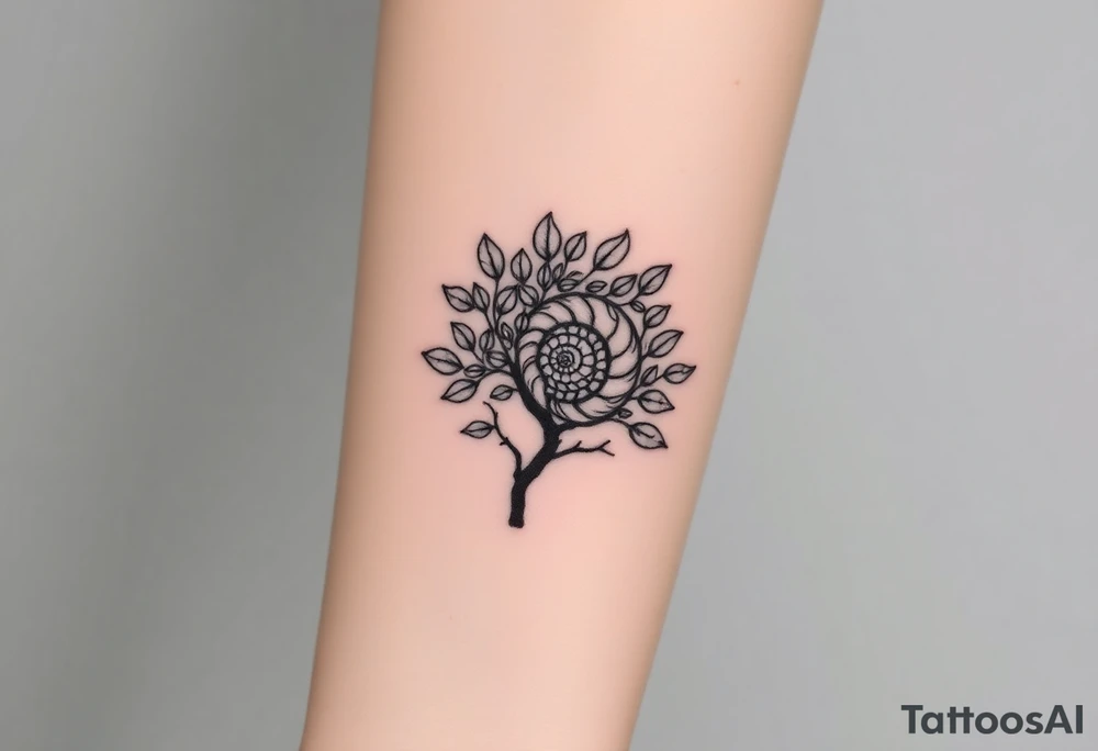 Fibonacci spiral shell inside of tree full of lots of leaves tattoo idea