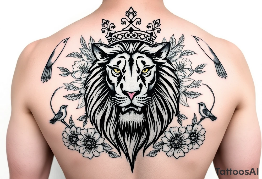 powerful majestic lion with a crown, surrounded by floral ornaments and birds tattoo idea