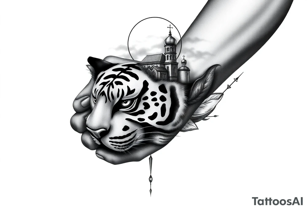 in a dorsal view of the hand and forearm a tiger face on the hand with black hollowed eyes, then above this a orthodox church shrouded with a mist and fading into a virgin mary overlooking tattoo idea
