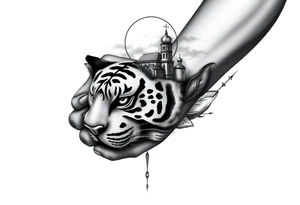 in a dorsal view of the hand and forearm a tiger face on the hand with black hollowed eyes, then above this a orthodox church shrouded with a mist and fading into a virgin mary overlooking tattoo idea