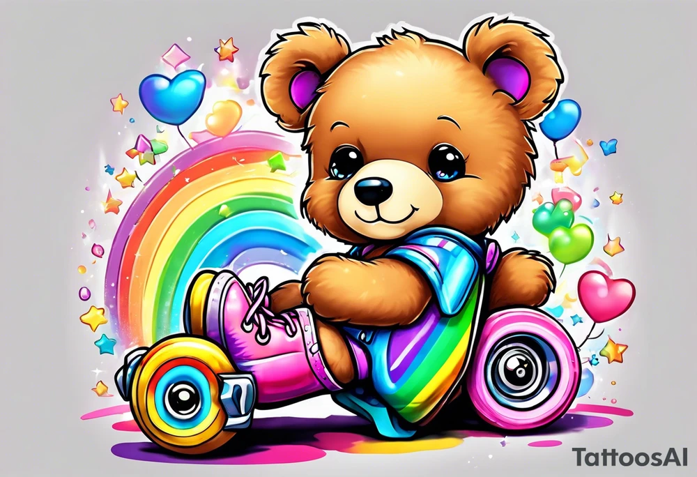 a teddy bear, wearing cute, pastel rainbow roller skates tattoo idea