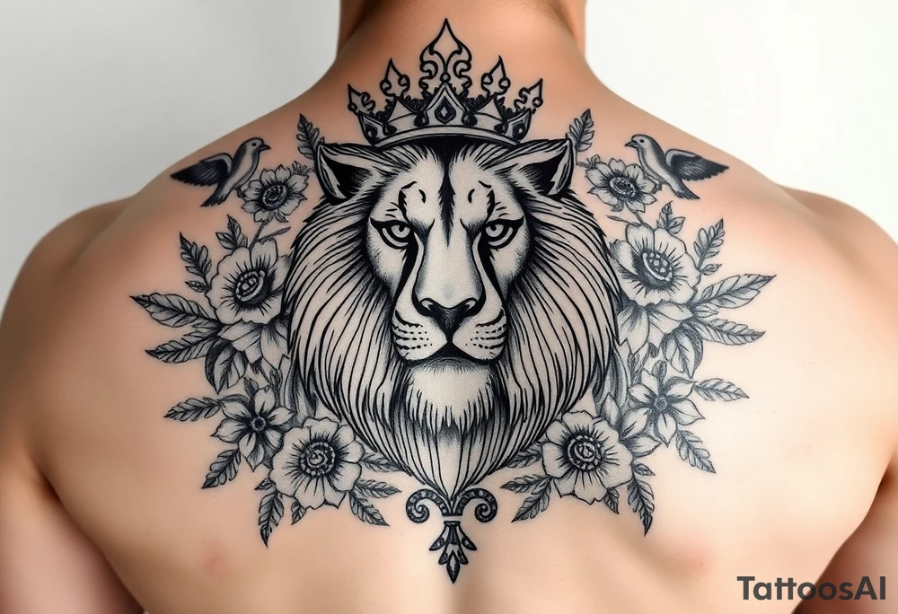 powerful majestic lion with a crown, surrounded by floral ornaments and birds tattoo idea