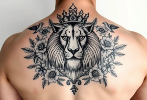 powerful majestic lion with a crown, surrounded by floral ornaments and birds tattoo idea