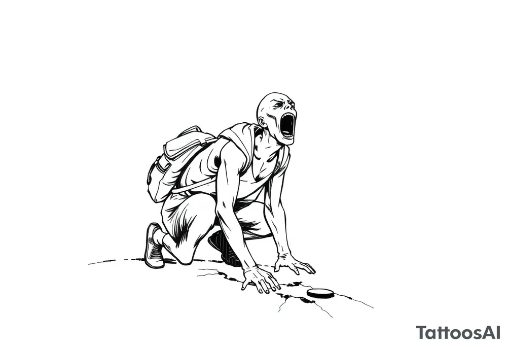 Confusion and pressure in thin lines on screaming solo traveler with no face with his skin ripped left on the path he’s crawling tattoo idea