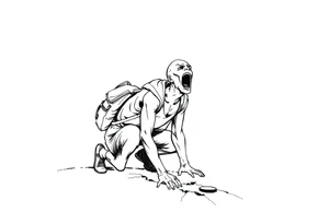 Confusion and pressure in thin lines on screaming solo traveler with no face with his skin ripped left on the path he’s crawling tattoo idea