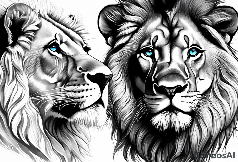 Male father lion with blue eyes. Two male cub lions one with blue eyes and the other brown. Father lion protecting cub lions. tattoo idea