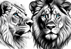 Male father lion with blue eyes. Two male cub lions one with blue eyes and the other brown. Father lion protecting cub lions. tattoo idea