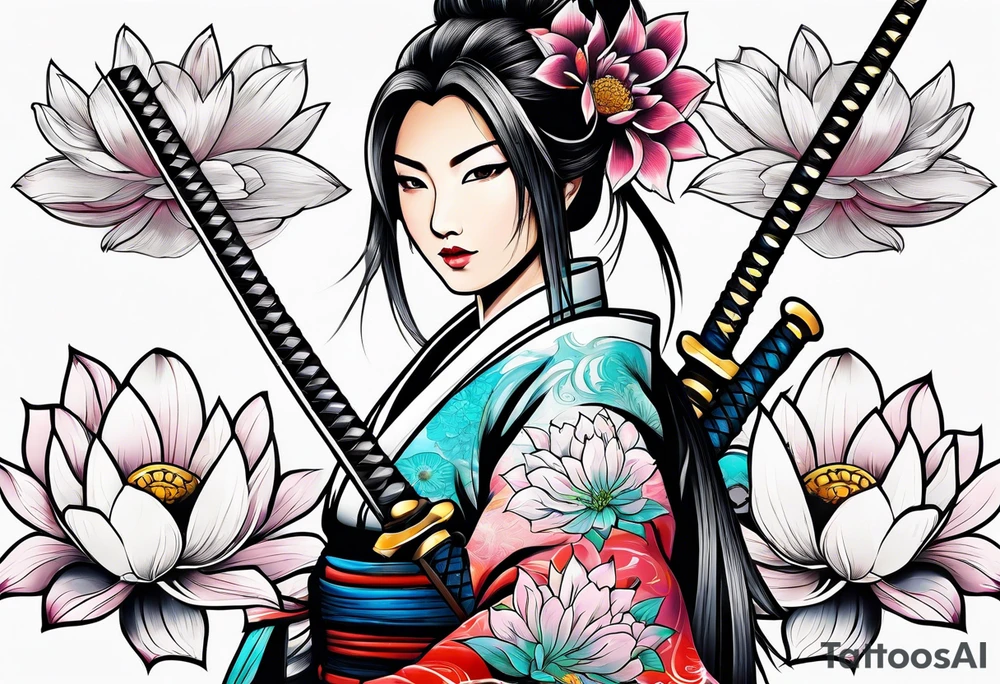 Japanese woman samurai swords lotus flowers neotribal tattoo idea