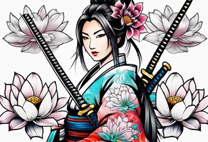 Japanese woman samurai swords lotus flowers neotribal tattoo idea