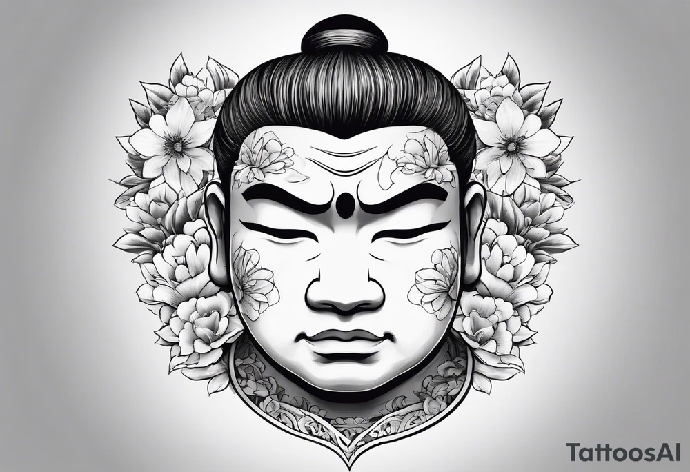 solemn sumo wrestler face with flowers around tattoo idea