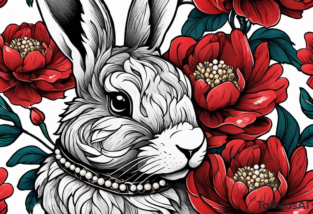 Red peony with pearl necklace and a rabbit tattoo idea