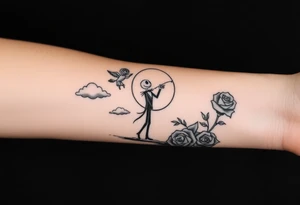 jack skellington fishing at river ,waving to angels in sky, roses, clouds tattoo idea