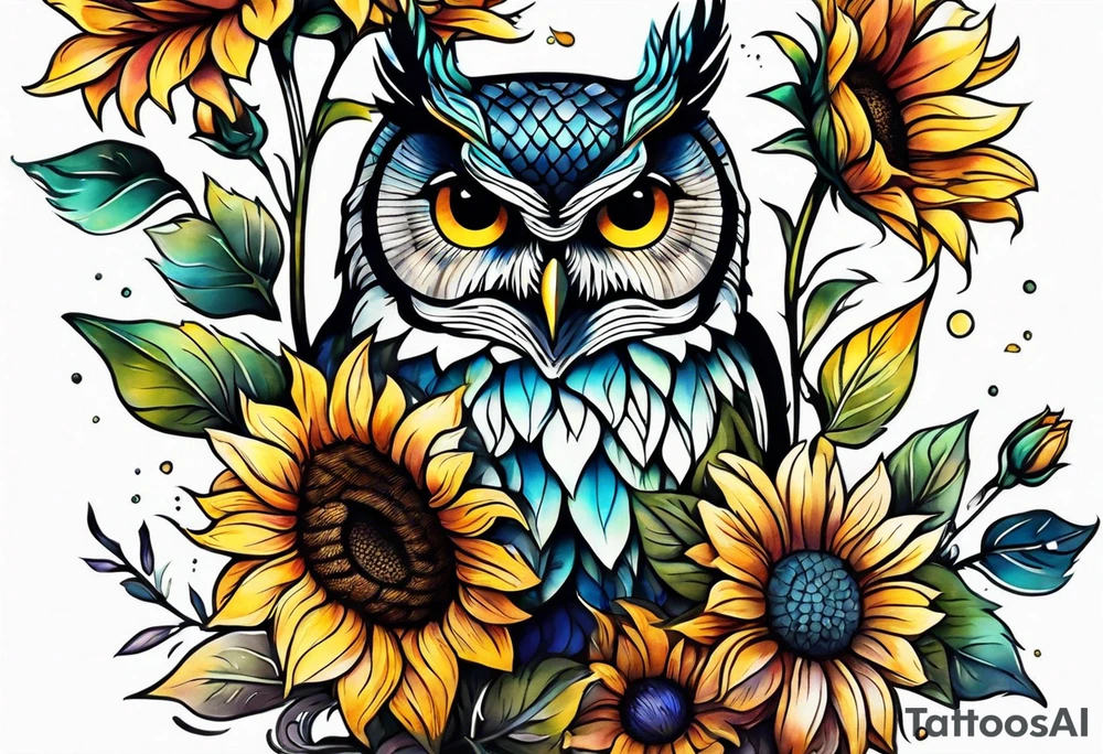 Leg sleeve with colorful sunflowers and an owl tattoo idea