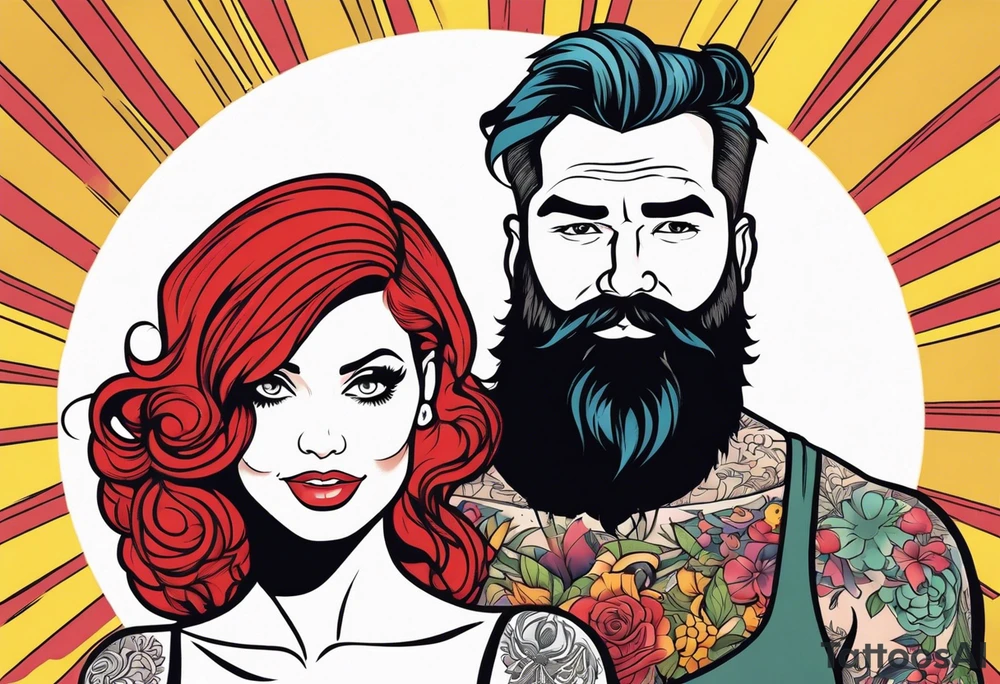 Busty Red haired woman with black haired bearded man tattoo idea