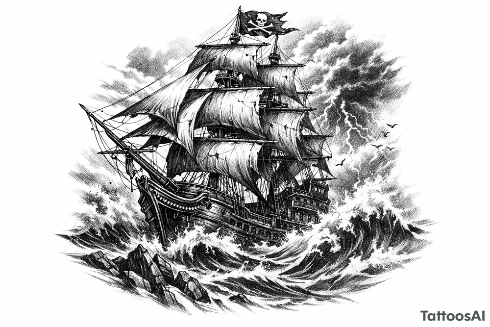 a pirate ship on stormy sea. tattoo idea
