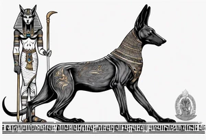 Anubis with some Egyptian mythology background that is 20 cm in length and 10 - 12 cm wide tattoo idea