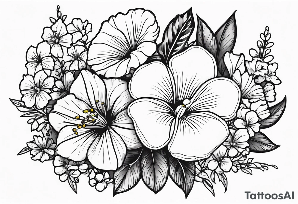 a vertical flower bouquet including sweet pea, larkspur, morning glory and cosmos tattoo idea
