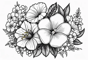 a vertical flower bouquet including sweet pea, larkspur, morning glory and cosmos tattoo idea