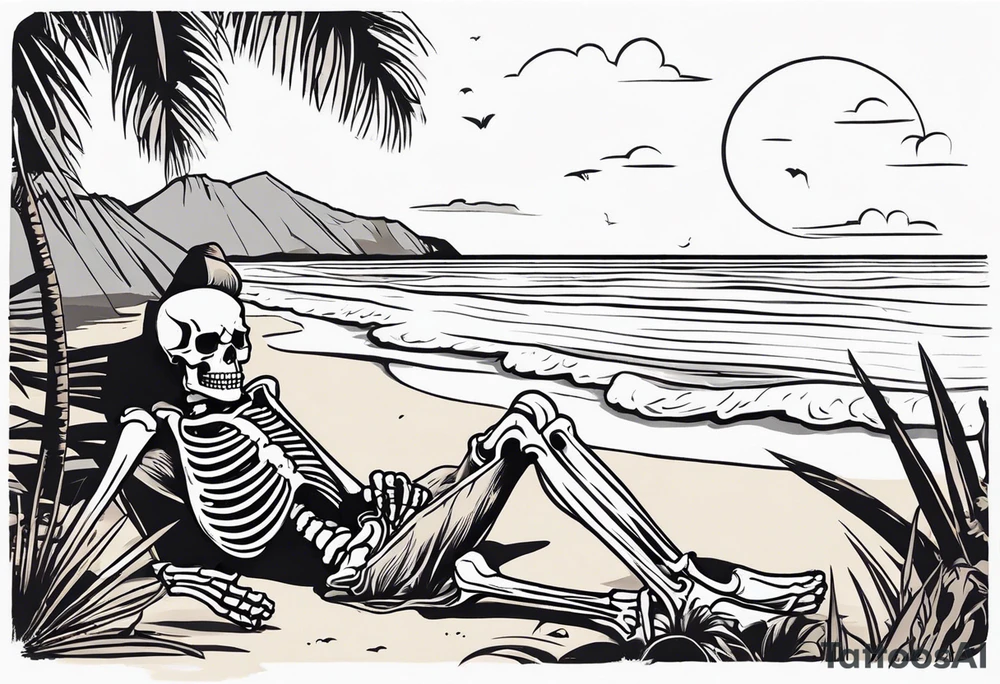 skeleton wearing a button up hawaiian shirt relaxing on the beach tattoo idea