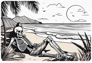 skeleton wearing a button up hawaiian shirt relaxing on the beach tattoo idea
