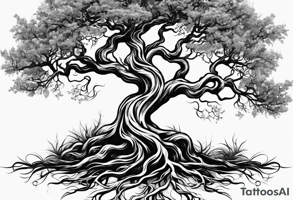 twisted tree with long roots and branches stencil for chest and collar bone tattoo idea