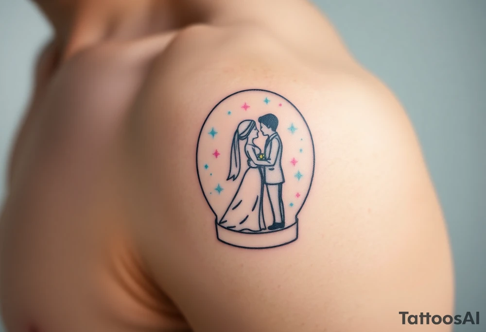 A tender kiss between bride and groom captured inside a glass snow globe, with soft pastel pink and light blue sparkles tattoo idea
