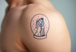 A tender kiss between bride and groom captured inside a glass snow globe, with soft pastel pink and light blue sparkles tattoo idea