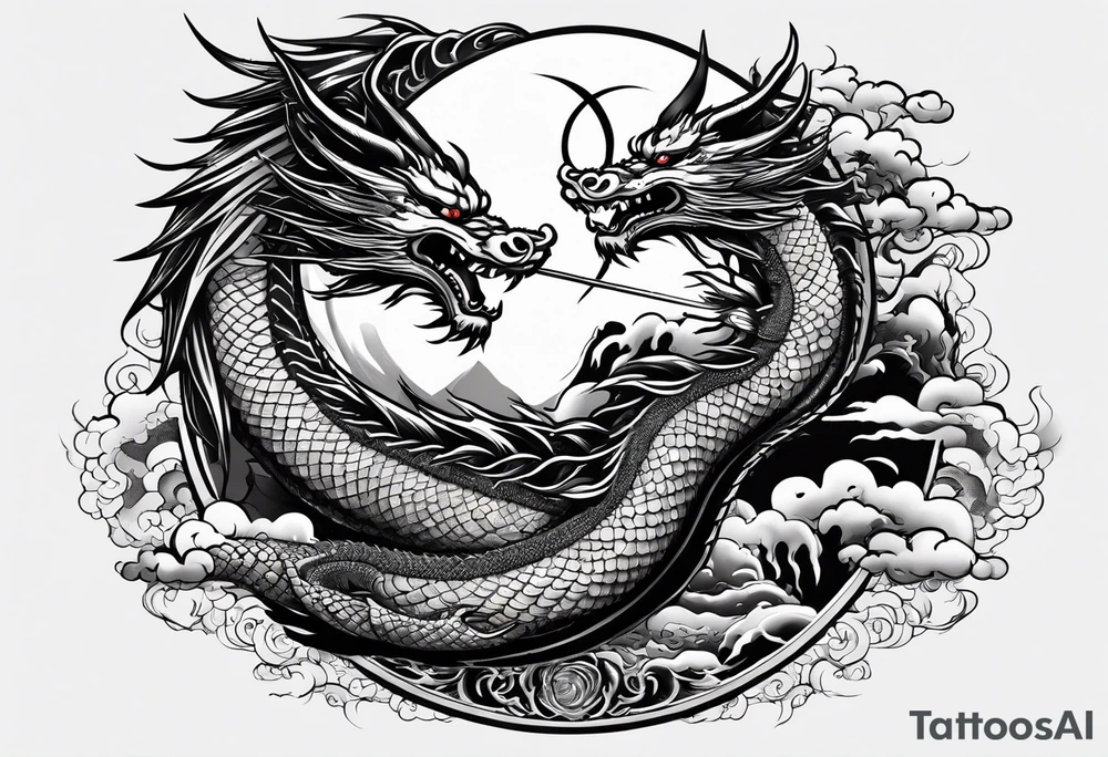 Japanese Dragon with a katana sword and the moon tattoo idea