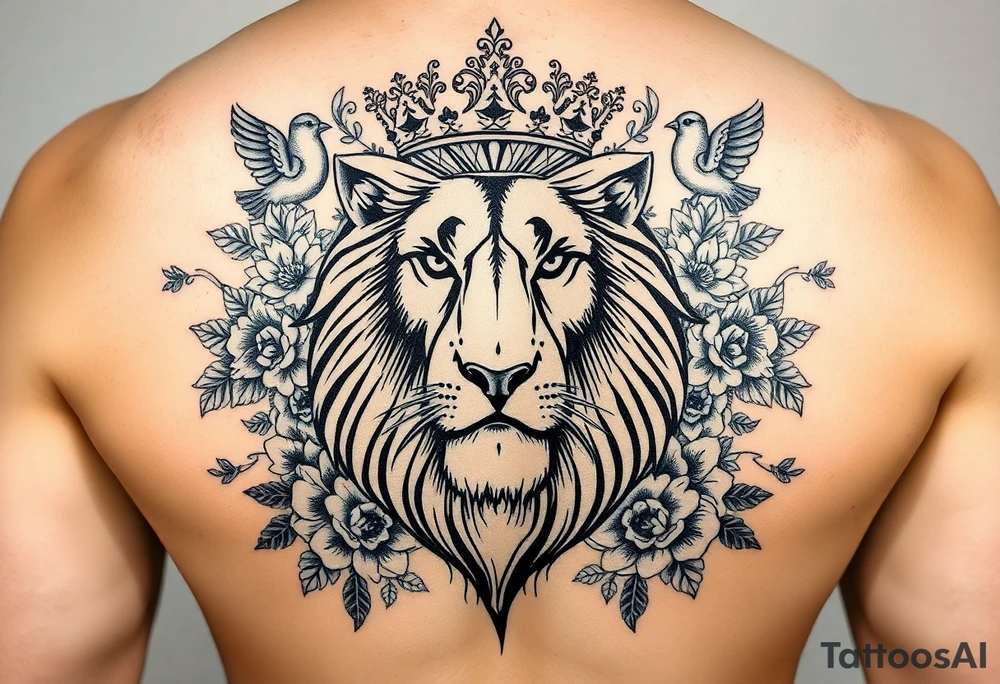 powerful majestic lion with a crown, surrounded by floral ornaments and birds tattoo idea