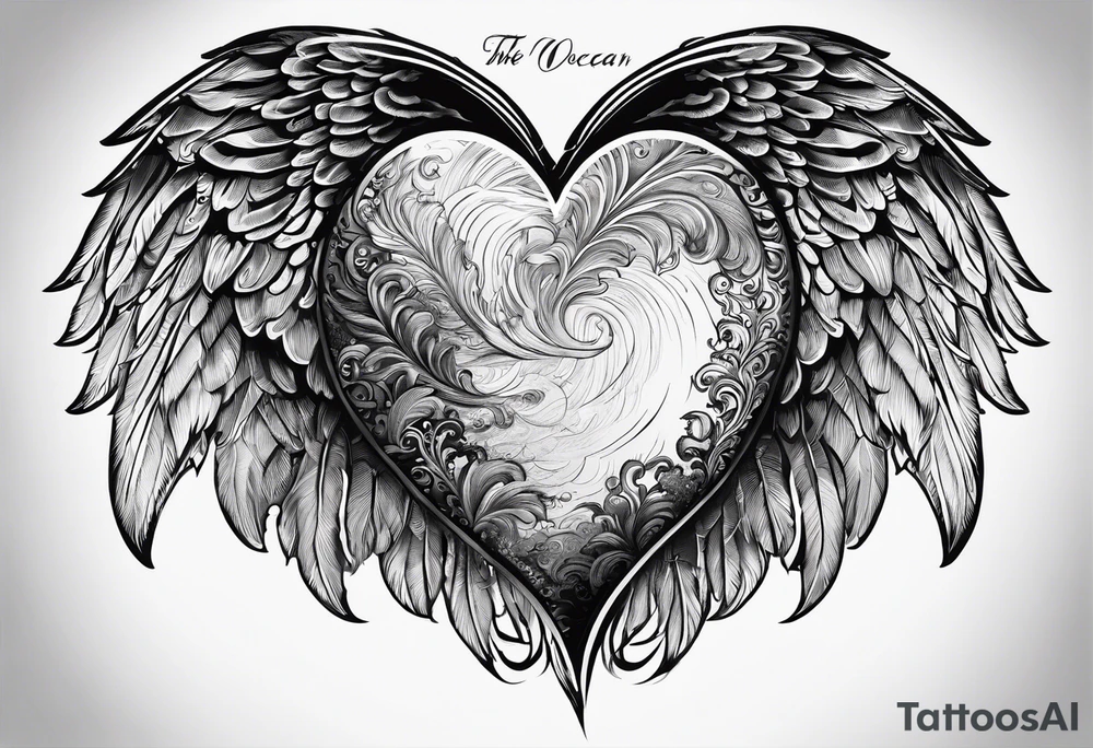 fingerprint heart for back of the neck, with quote "the ocean knew her story" going down the spine , with dying angel wings on the rest of the back tattoo idea