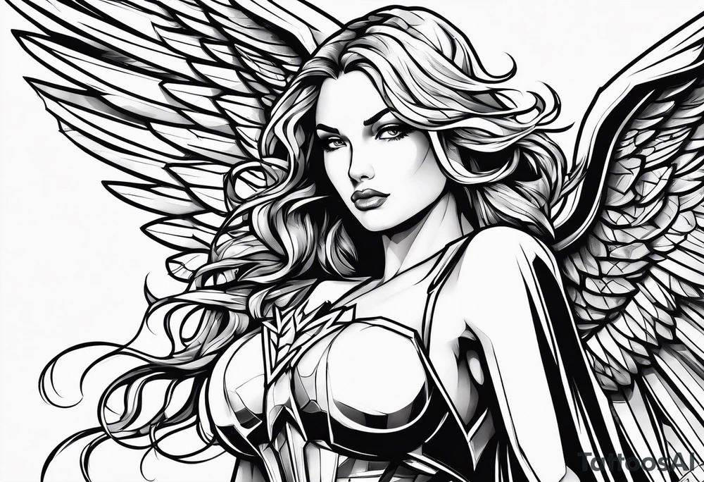 Angel in the pose of a superhero landing tattoo idea