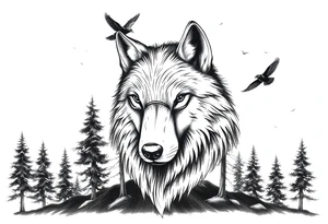Wolf head surrounded by large pine trees growing from black ground and small ravens flying overhead tattoo idea