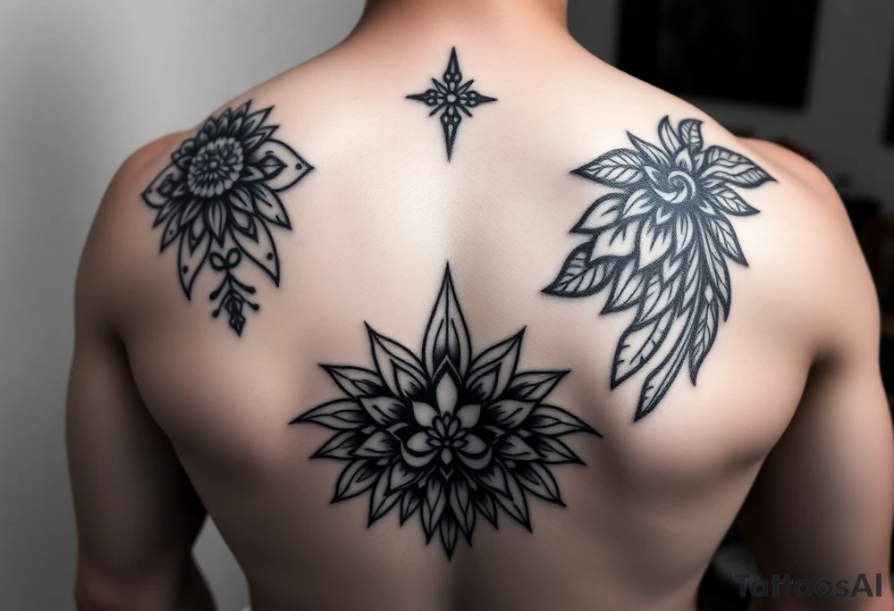 Can you help me design my next tattoo? I already have Polynesian-style tattoos covering left shoulder blade and second in the middle of back going along the spine up till my neck, and I’m looking for ideas to fill the white space between them. I haven’t been able to come up with anything that works.

I’d like the new elements to be in a different style than Polynesian, but still visually cohesive so they complement the existing tattoos rather than clash with them. tattoo idea