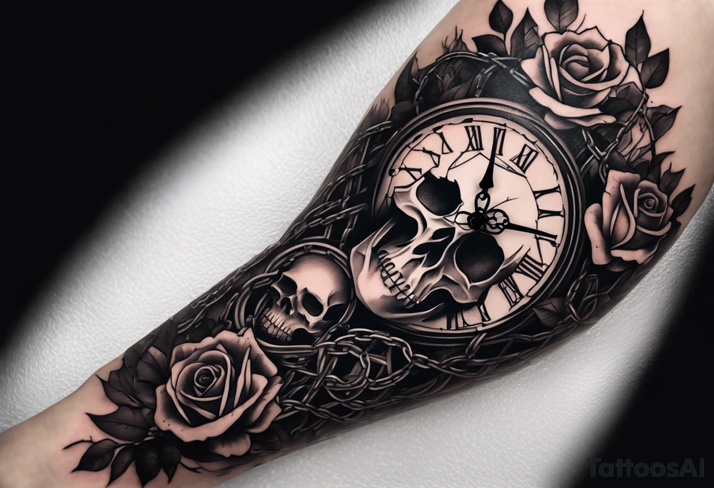 tattoo sleeve, tree roots break out of the chains at the bottom of the hand, Symbolizing loss, an image of a broken mask, Clock with flying numbers, girl, skull, roses tattoo idea