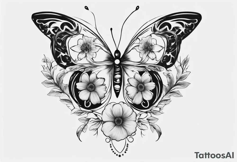 Butterfly wrap tattoos with large centre piece with moon and floral theme. Bracelet around ankle tattoo idea