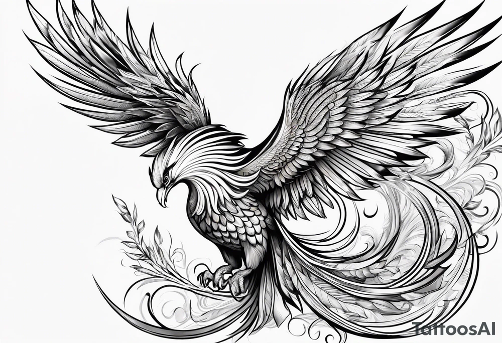 lite thin lines flowing phoenix with gold and white on tail for male tattoo idea