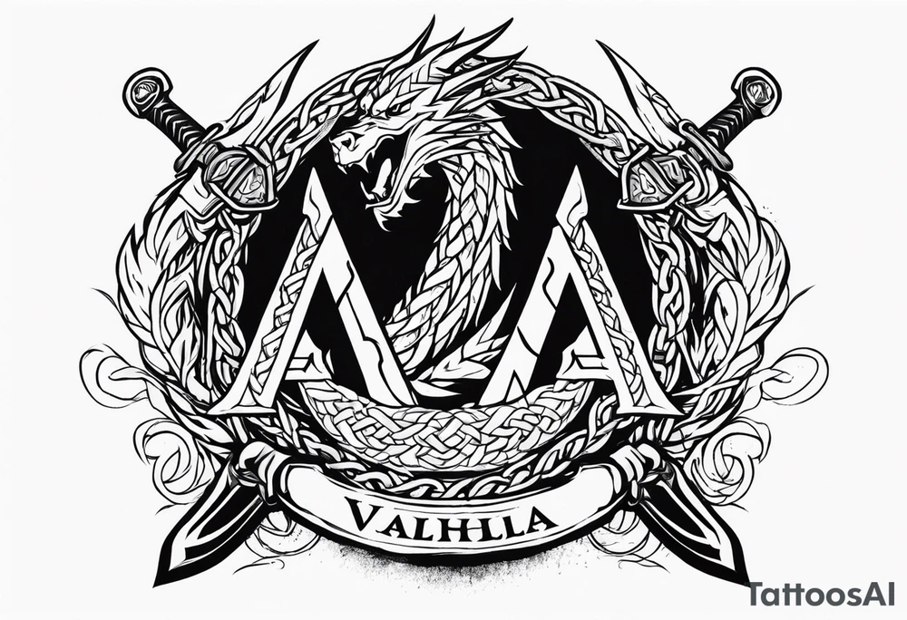 Valhalla sword shield dragon axe Valknut barbed wire chains fire tattoo idea Valhalla sword shield dragon axe Valknut barbed wire chains fire tattoo idea