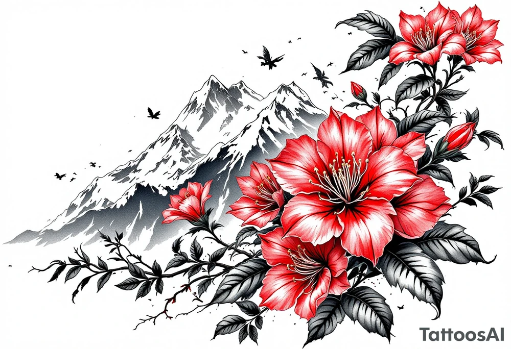 vertical wrist size red  and black rhododendron trippy with Himalayas behind tattoo idea