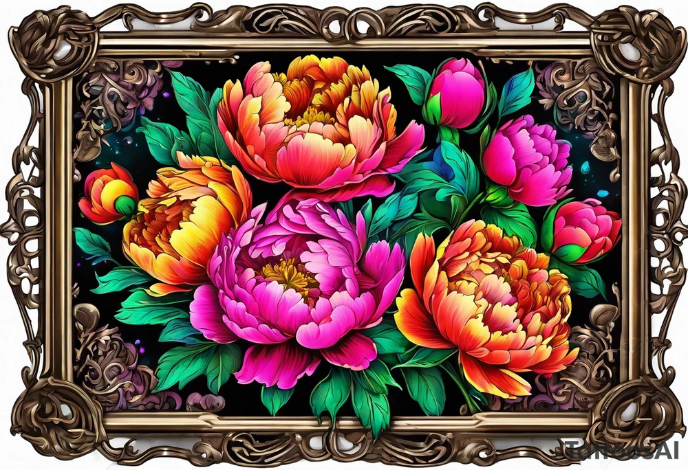 neon colorful peonies,neon colored, surrounding on the outside of a empty beautiful intricate rounded victorian style empty picture frame with filigree tattoo idea