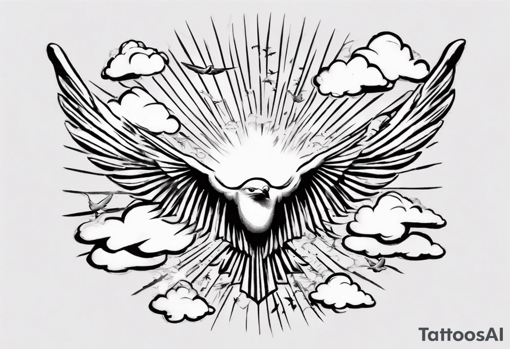 a shoulder tattoo with rays of light, clouds and birds flying free tattoo idea