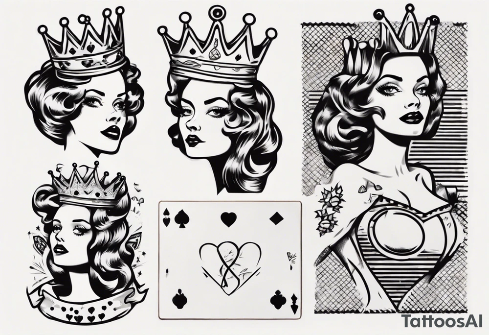 pin-up queen of hearts with white eyes and a crown tattoo idea