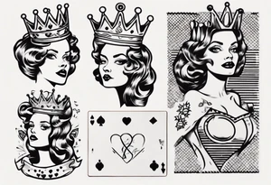 pin-up queen of hearts with white eyes and a crown tattoo idea